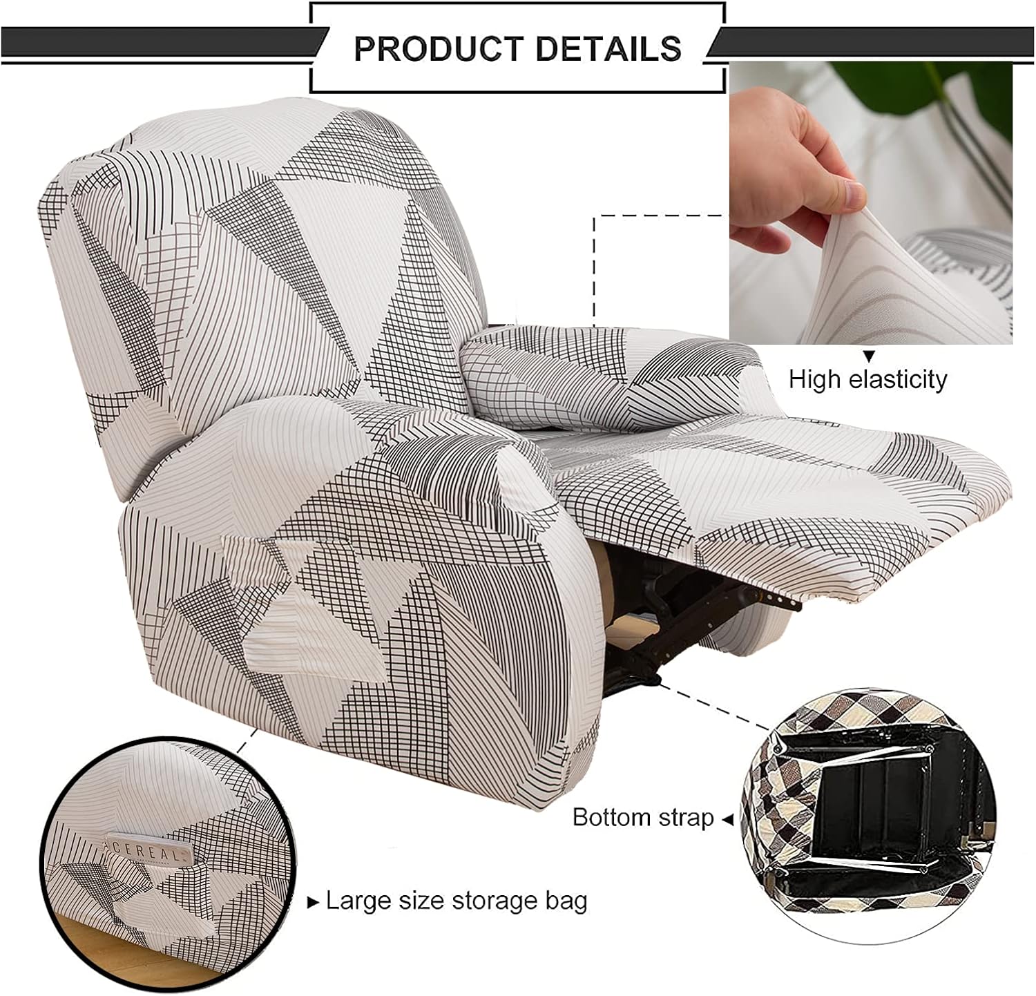 Stretch Recliner Chair Cover, 4-Pieces Sofa Slipcover for 1 Seat Reclining Sofa Cover Non Slip Recliner Armchair Furniture Protector Couch Covers (Light Grey)