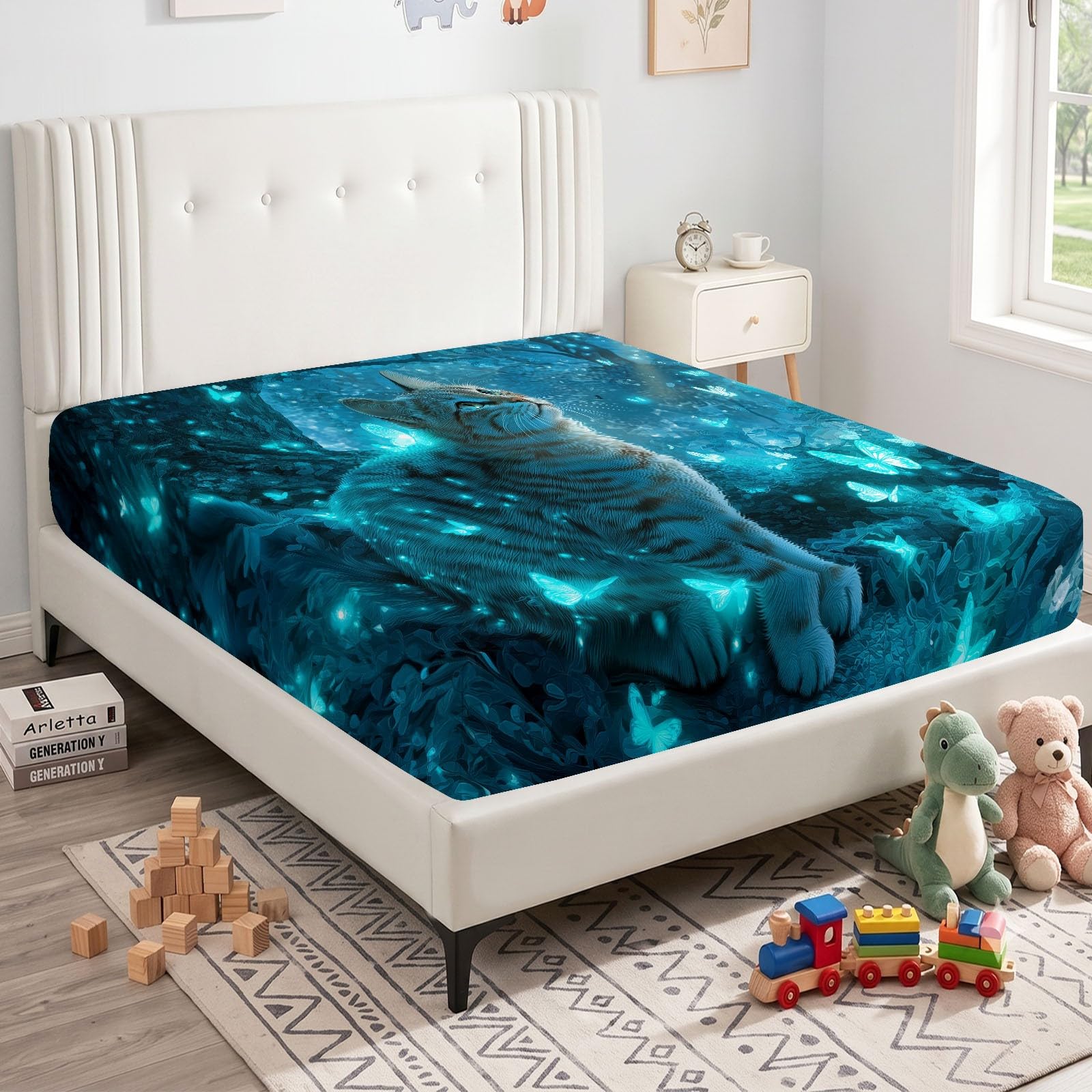 Juego de sábanas bajeras de 3 piezas, 180 x 200 cm, diseño de gato y mariposa, de microfibra, diseño de animales de fantasía, suave, transpirable, hipoalergénica, para colchones de hasta 30 cm de