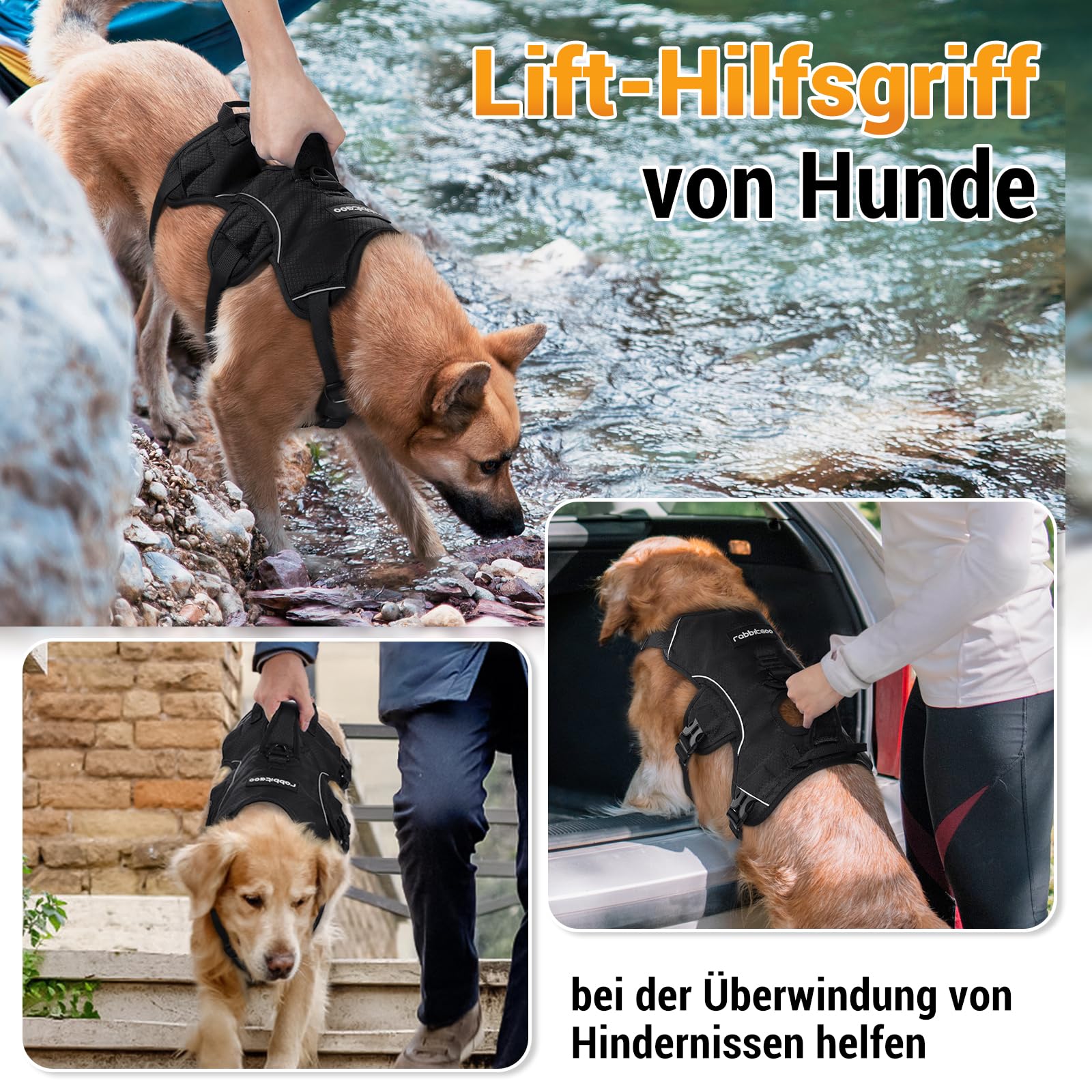 rabbitgoo Ausbruchsicheres Hundegeschirr Mittelgroße Hunde mit Griff, Anti Zug Sicherheitsgeschirr Hund Atmungsaktiv, Verstellbare Brustgeschirr, Gepolstertem Hundeweste, Panikgeschirr, Schwarz M
