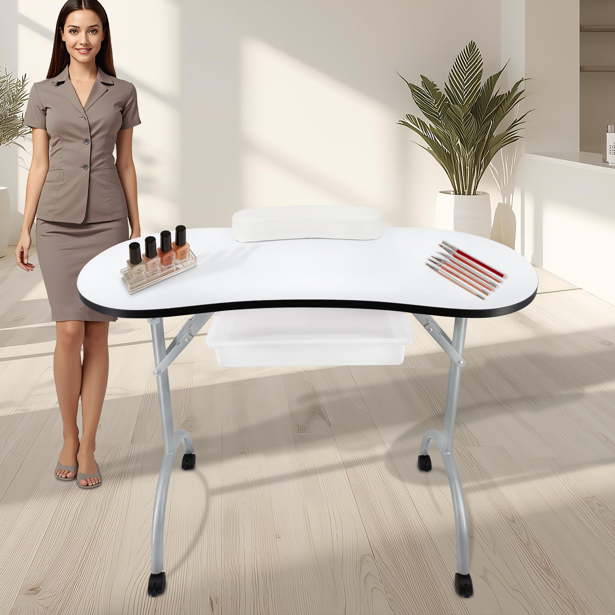 Beltom® Tavolo Manicure Professionale Pieghevole con CASSETTO, Cuscino POGGIA Polsi E Borsa PESA Solo 9,5 kg-Dimensioni 98x44x77 CM-RICOSTRUZIONE Unghie Estetista Nail Art ONICOTECNICA-Bianco