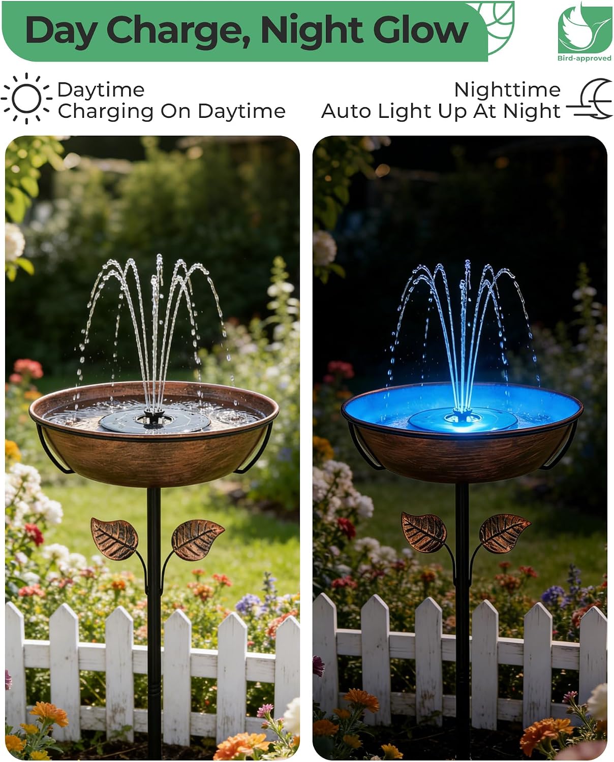 Metal Bird Bath with Solar Fountain - 13" Large Outdoor Birdbath Bowl + 6.3" Solar Pump with Battery & LED Lights | 1.4 Gallon Garden Bird Bath for Yard, Lawn, Patio, Flowing Water Feature