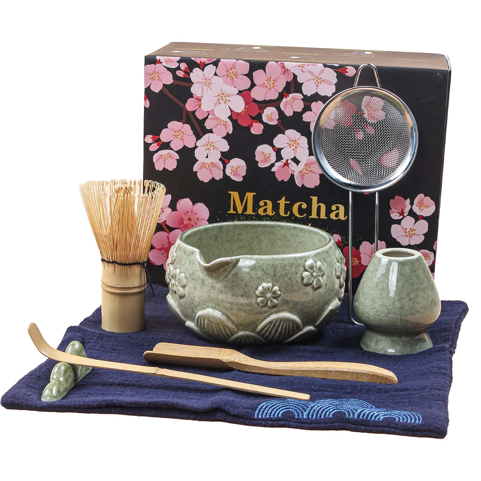8 pezzi Matcha Kit, Matcha Set design a fiori di ciliegiocon Frusta Matcha, Ciotola, Cucchiaio, Filtro, Supporto, Kit Matcha completo, Elegante Set per Amanti del Matcha(Verde)