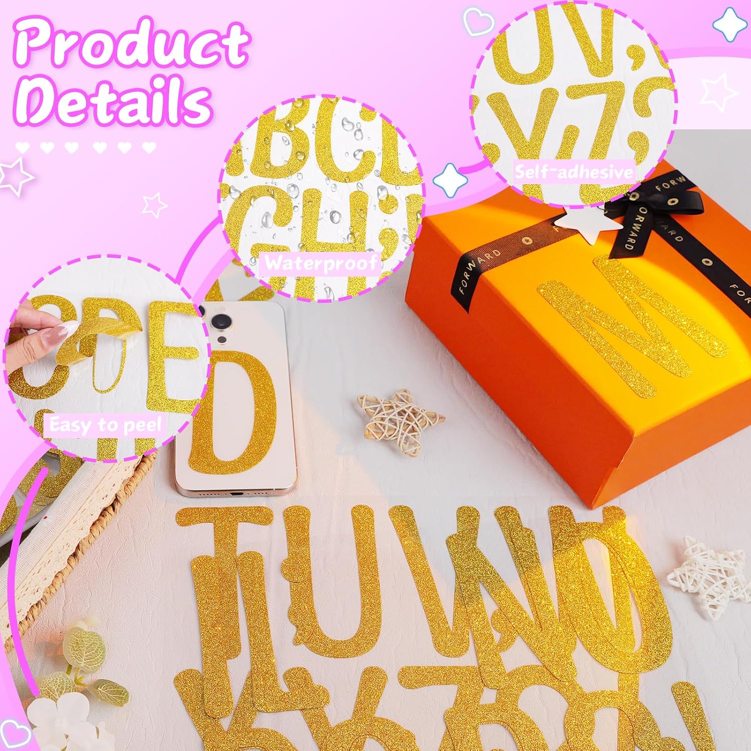 20 Sheets Glitter Letter Stickers, 264 PCS Bulletin Board Letters Large 3 Inch Self-Adhesive Alphabet Number Stickers Letters for Poster Board Mailbox Classroom Crafts Party Decor DIY Projects (Gold)
