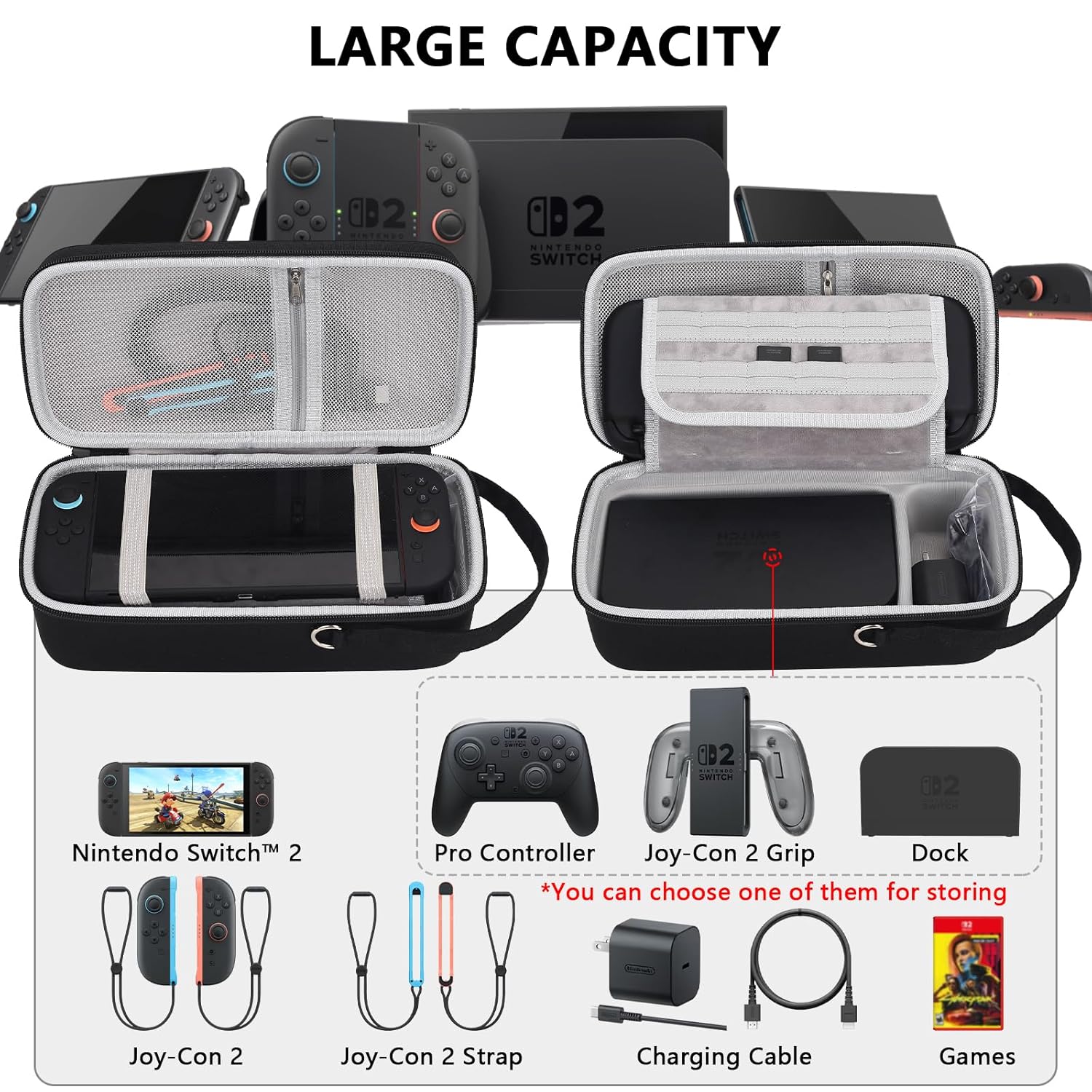 Dronside Travel Carrying Case for Nintendo Switch 2, Large Capacity Hard Shell Protective Case with Removable Strap Fits for Switch 2 Console, AC Charger Adapter and Switch 2 Dock Accessories - Image 2