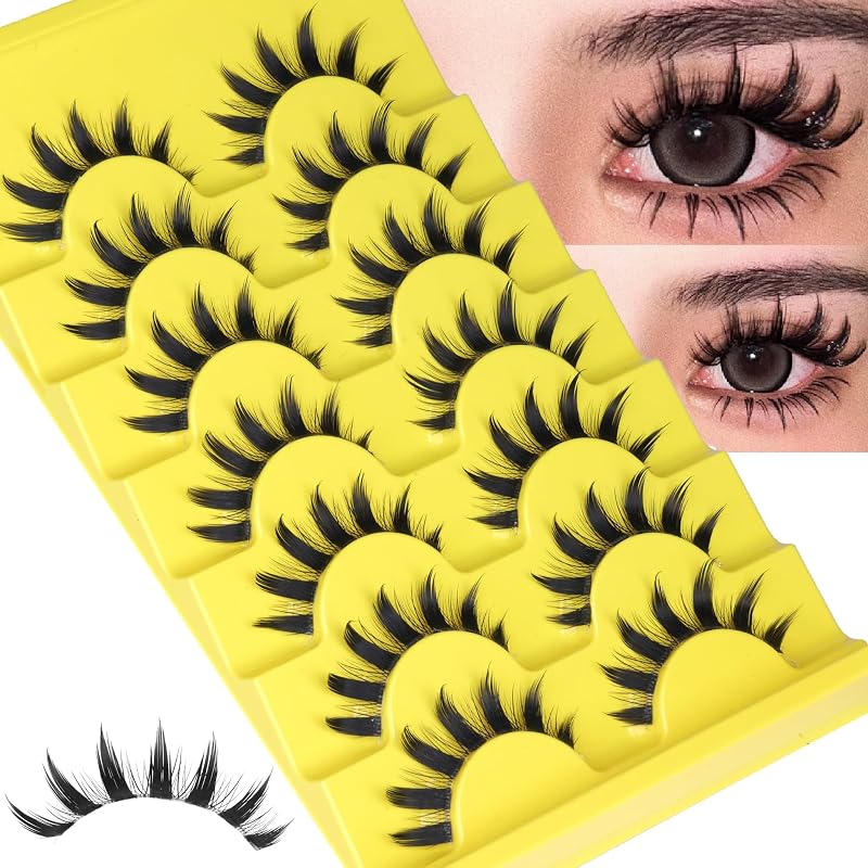 Cílios postiços estilo mangá com efeito spiky, faixa transparente, olho de gato, 7 pares YDAGKH