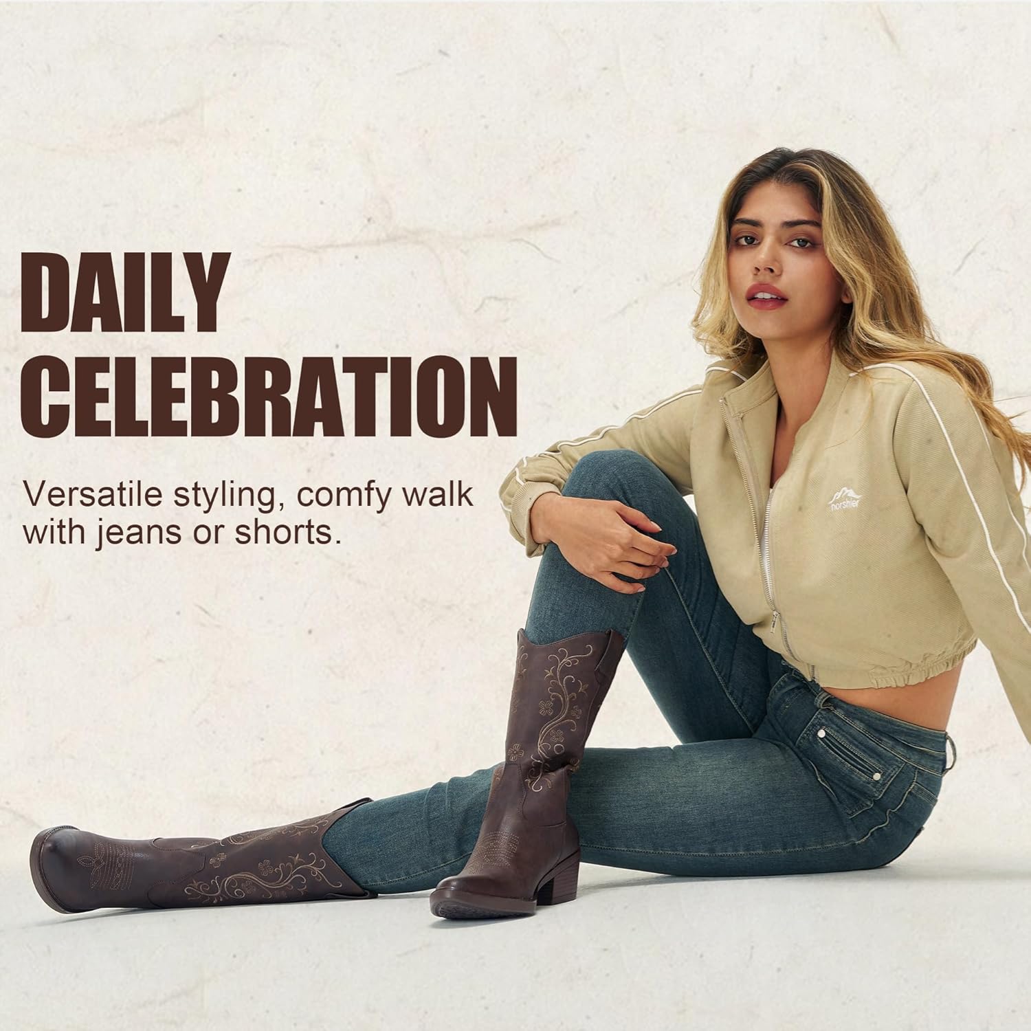 Vepose Women's Cowboy Boots Mid Calf, Floral Embroidered Western Cowgirl, Pointed Toe Low Chunky Heel Pull On, Botas Vaqueras, Walk Country Concert Theme Party Dance Rodeo 9802