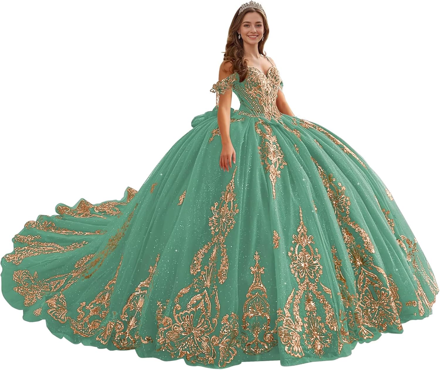 XYAYE Glitter Tulle Quinceanera Dresses with Big Bow Gold Lace Off Shoulder Sweet 16 Dresses Puffy Beaded Applique Ball Gown