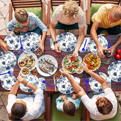 Miniatura 5 de Juego de 96 platos de fiesta de peonía, servilletas y vajilla de flores azules, vajilla desechable, decoración floral azul marino, regalos de