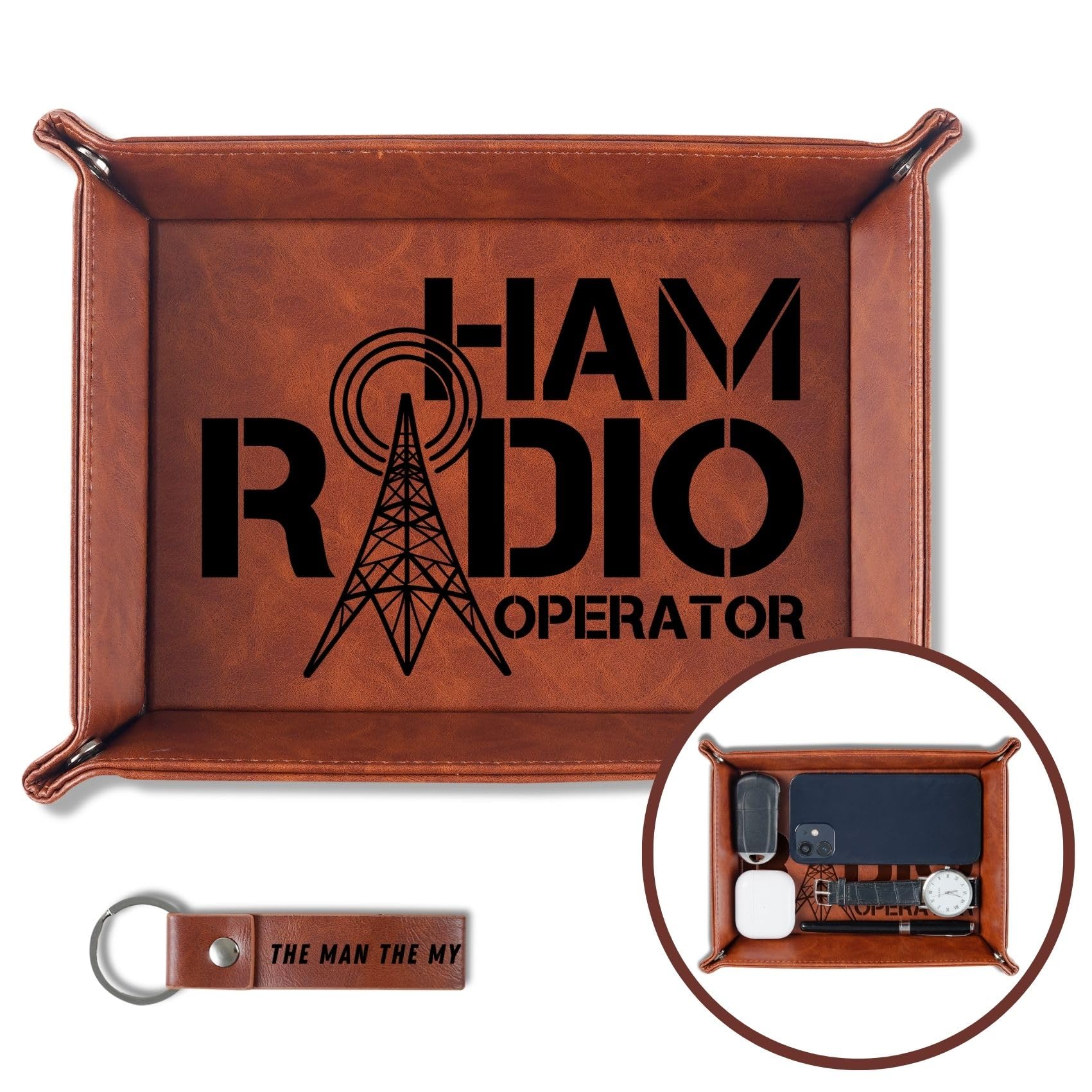 INNObeta Ham Radio Valet Tray for Men - PU Leather Desktop Organizer for Keys, Coins, and Bedside Storage - Birthday Gift Idea - Ham Radio Enthusiasts, TRAY-HAMRADIO-01