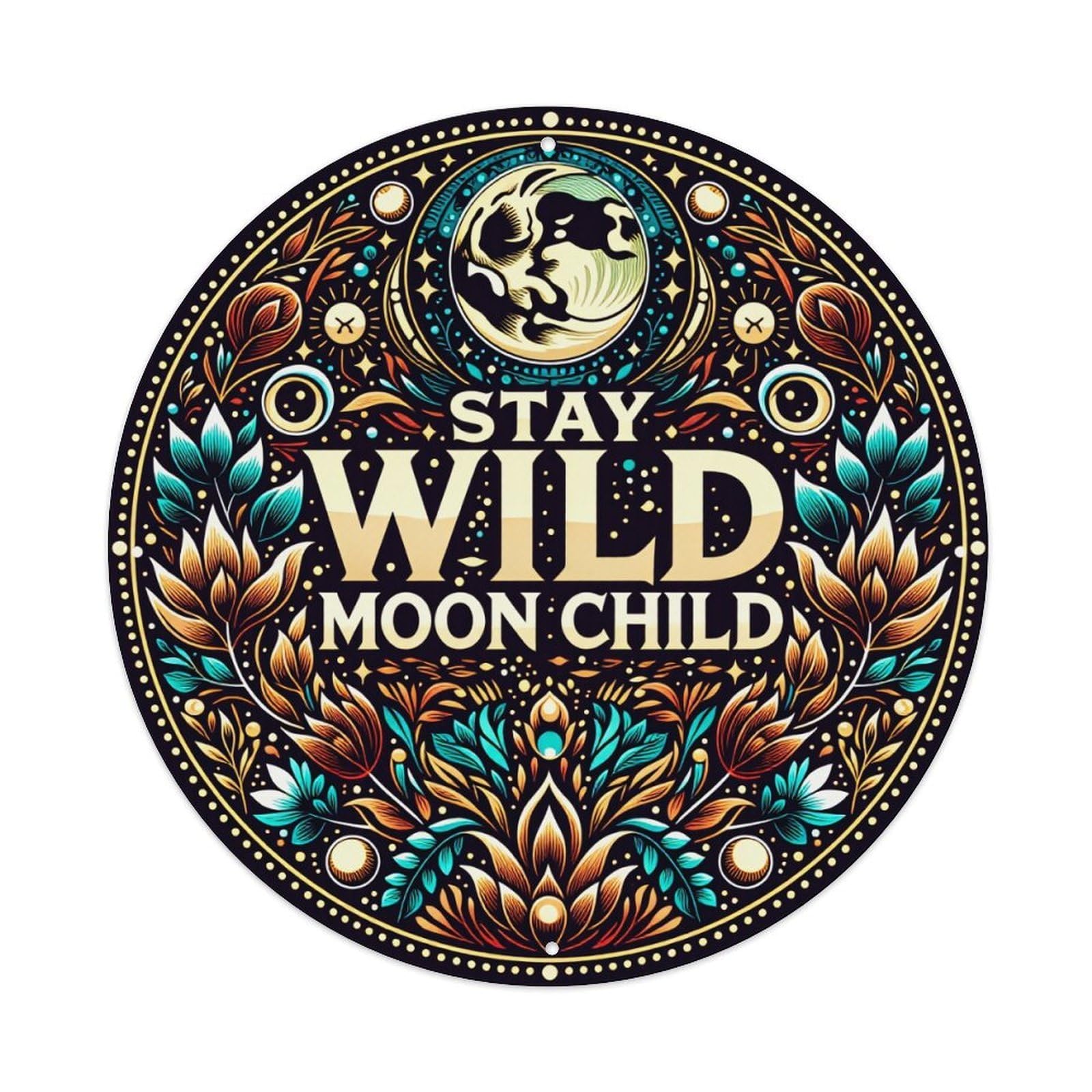 Moon Child Wild Pattern Art Round Tin Sign Vintage Metal Poster Retro Bar, Home, Man Cave, Kitchen, Laundry Room Wall Art Decor Gift 8x8Inch