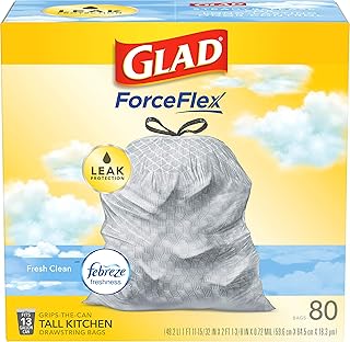 Glad ForceFlex Tall Kitchen Drawstring Trash Bags – 13 Gallon Trash Bag, Fresh Clean scent with Febreze Freshness – 80 Count (Package May Vary)