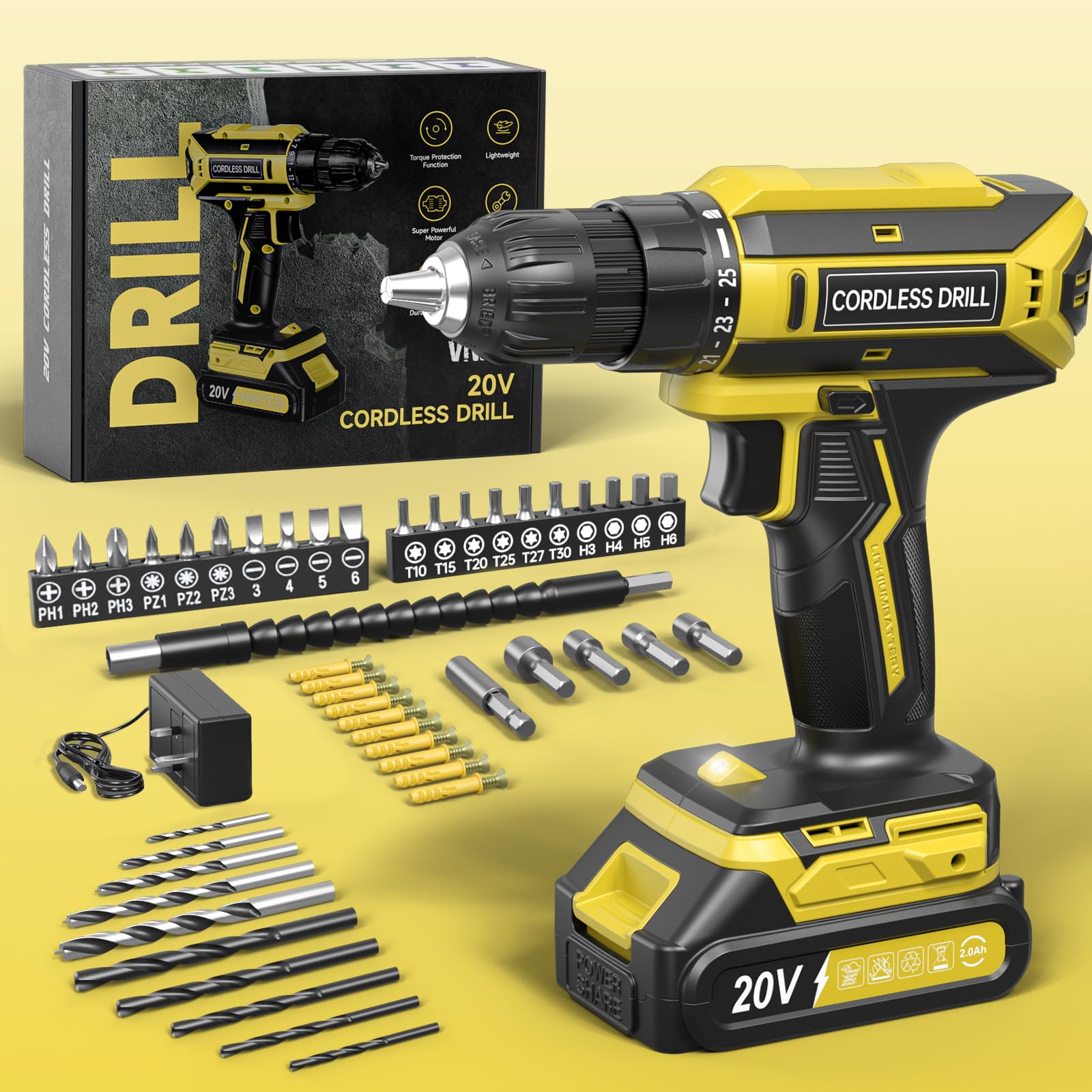 VIWKO Cordless Drill, 20V Electric Combi Drill Set, 25+1 Torque 370 in-lb Power Drills, Electric Screwdriver with 56PCS Accessories LED Light, 2.0Ah Battery Hand Drills Driver for Home Repair DIY Gift