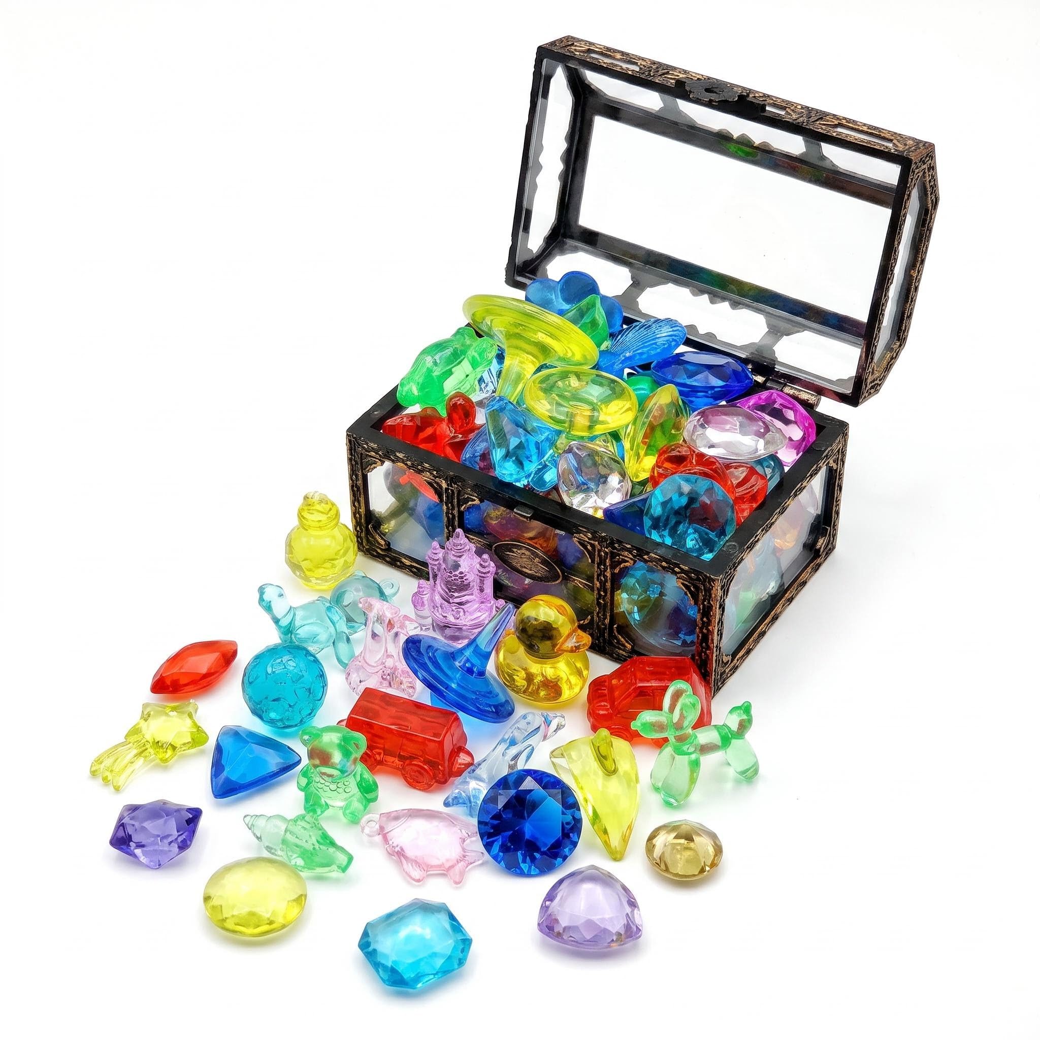 Nerciony Diving Toys Set with Treasure Chest, 60 Pcs Sinking Gems Underwater Pool Toys, Pirate Treasure Hunt Game for Adults, Swim Training Pool Party Decorations