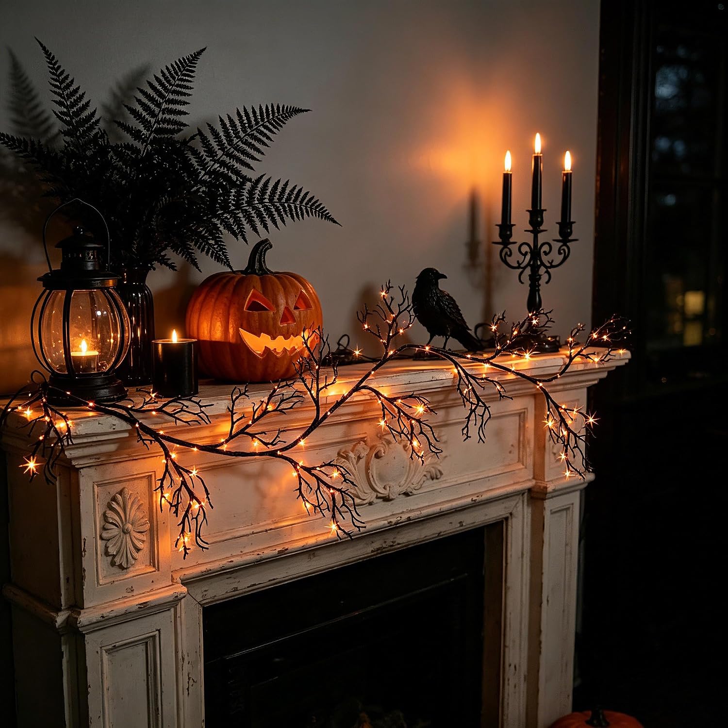 HipTree Halloween Lighted Black Vine Garland 6FT, 120LED Orange Purple Twig Lights, 8 Modes Battery Operated Timer, Waterproof Spooky Halloween Decor for Mantle Fireplace Party Indoor Outdoor