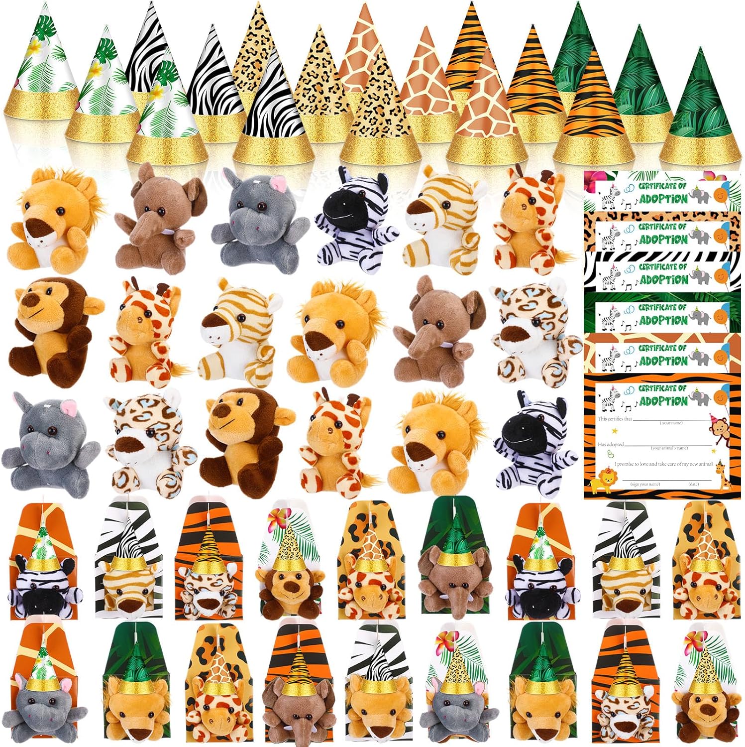 18 Sets Adopt a Jungle Animal Supplies Include 18 Mini Jungle Stuffed Animal 18 Mini Party Hats 18 Adoption Certificate 18 Kraft Boxes for Safari Themed Birthday Party Gifts(Safari Style)