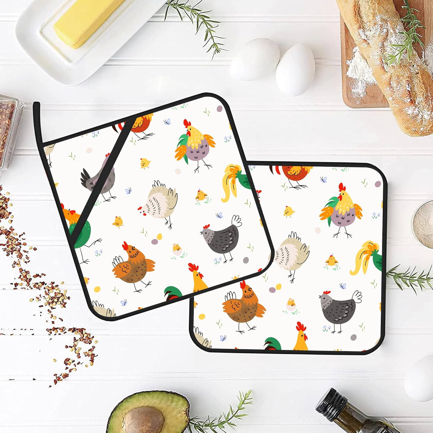 Cartoon Rooster Pot Holders Set of 2 Heat Resistant & Non Slip Potholders, Farm Chicken Oven Hot Pads for Kitchen Cooking Baking Barbecue - Image 4