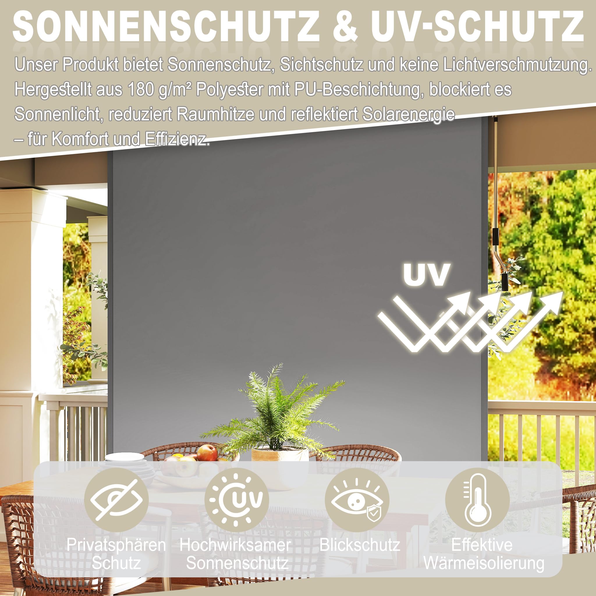 YRHome Tenda da sole estensibile, tenda verticale per balcone, protezione dai raggi UV, opaca, resistente alle intemperie, per finestre, porte, balconi, 160 x 250 cm, grigio