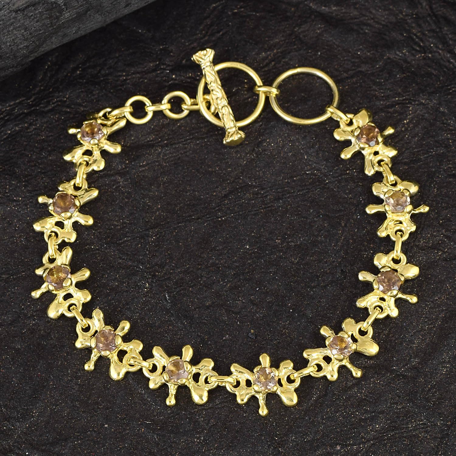 Pulsera de plata de ley 925 maciza de cuarzo ahumado, hecha a mano, con acabado chapado en oro y cierre de palanca de 7 pulgadas, 7 Inches, Plata de ley, Cuarzo ahumado