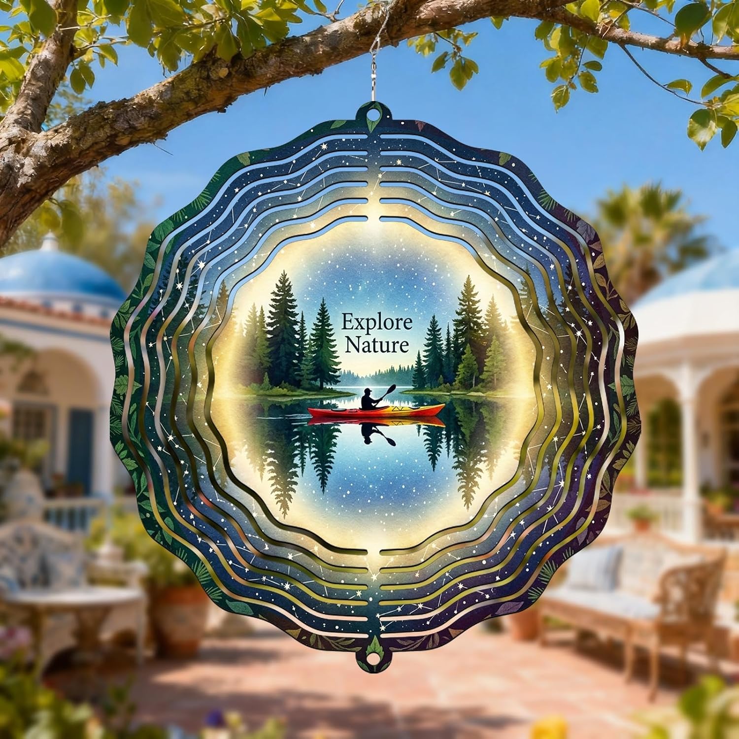 Kayak Wind Spinner, Nature Adventure Forest Stars Summer Green Metal Hanging Wind Sculptures Outdoor Ornaments for Garden Porch Balcony Hallways Decor 12 Inch