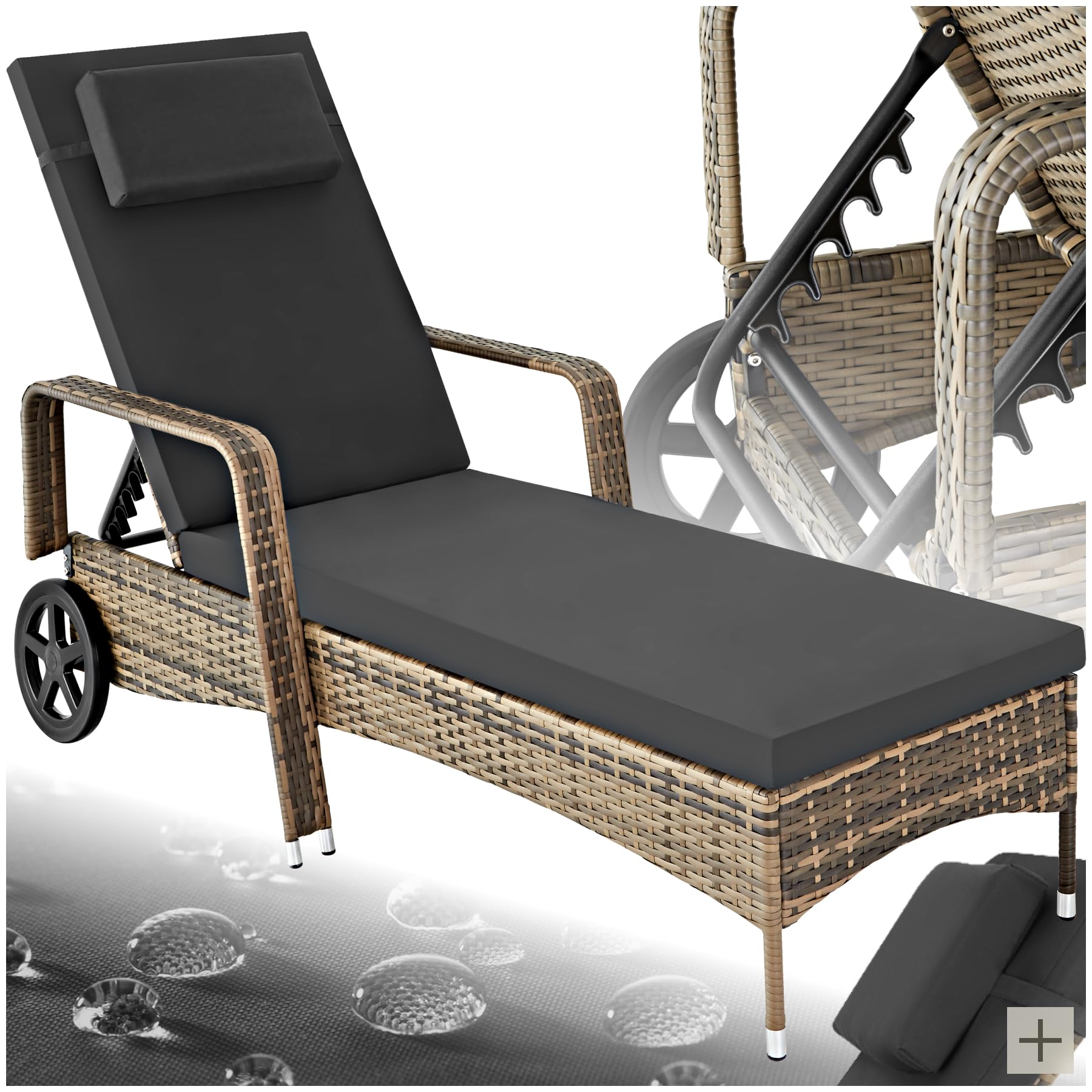 tectake Poly Rattan Gartenliege mit Rollen – 6-fach höhenverstellbar, wetterfest, bis 120 kg, inkl. Polster und Kissen (Natur/Dunkelgrau)