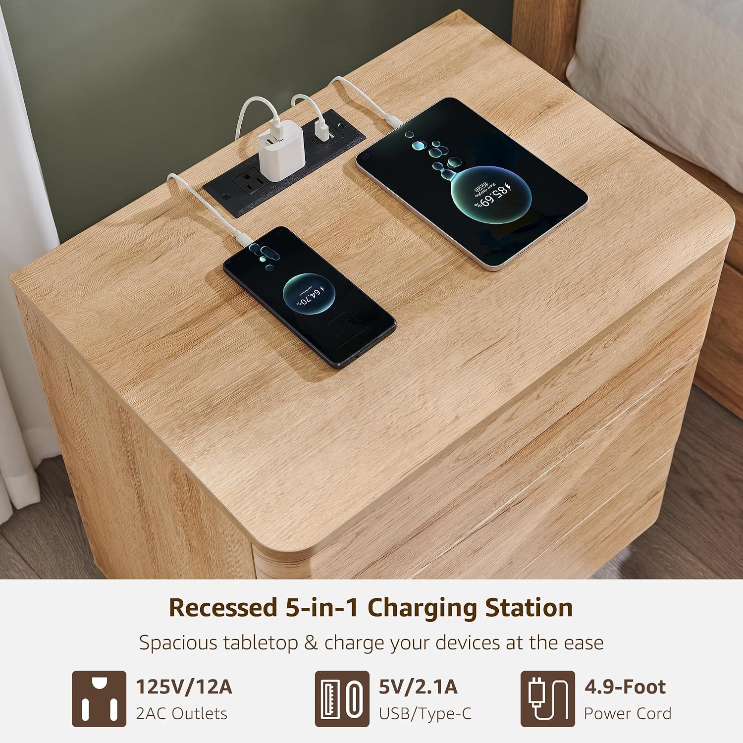 ACCOHOHO 22" Modern Nightstands Set of 2 with Charging Station, Push-to-Open 3 Drawers Bedside Table, Large End Table with Storage, Night Stand for Bedroom, Living Room, Curved Profile, Natural Oak