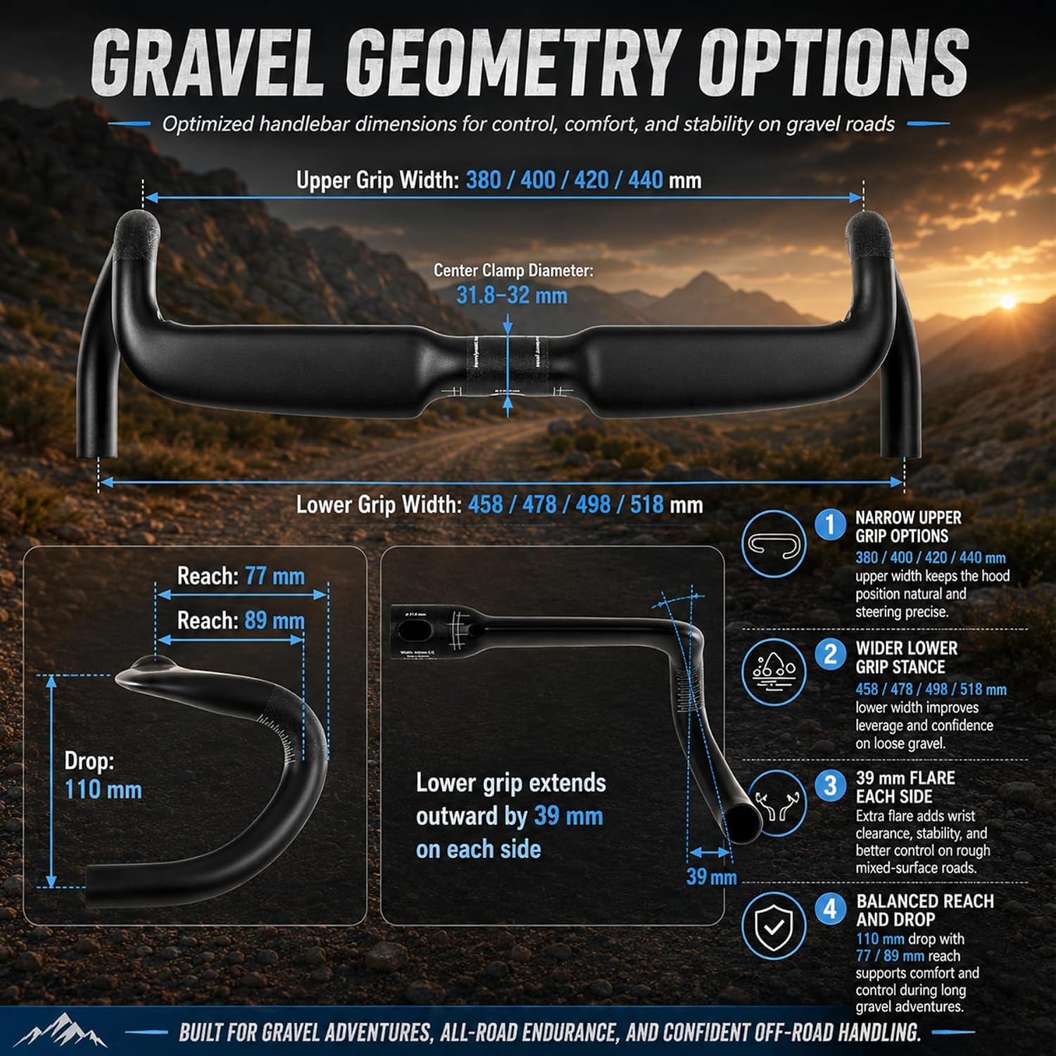 Carbon Fiber Gravel Bike Handlebars 31.8mm Flared Drop Bars 420mm | Internal and External Cable Routing, Lightweight Flared Design for Touring and Road Gravel Mixed-Terrain Riding