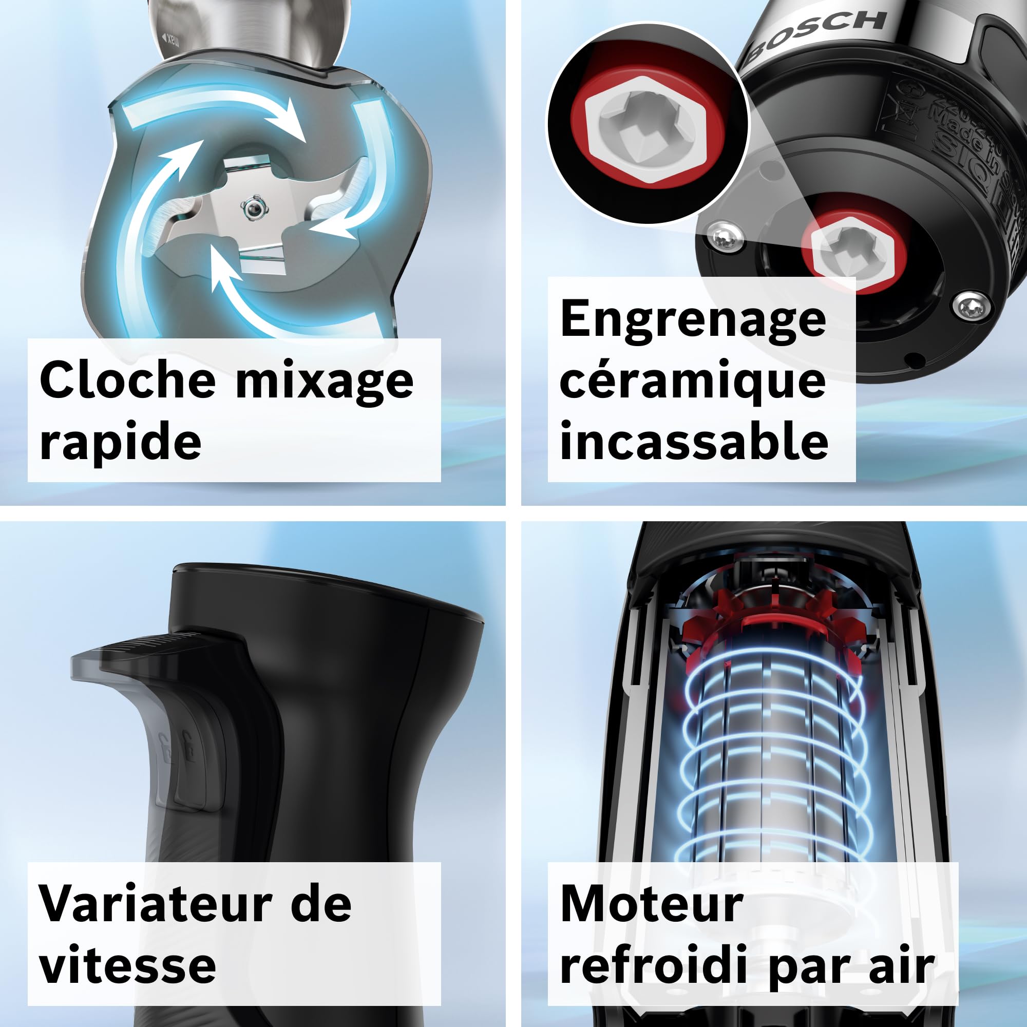 Bosch, mixeur plongeant, ErgoMaster Série 6, moteur 1000 watts refroidi par air, variateur de vitesse extra large, système de mixage QuattroBlade System Pro, accessoires inclus, MSM6M673