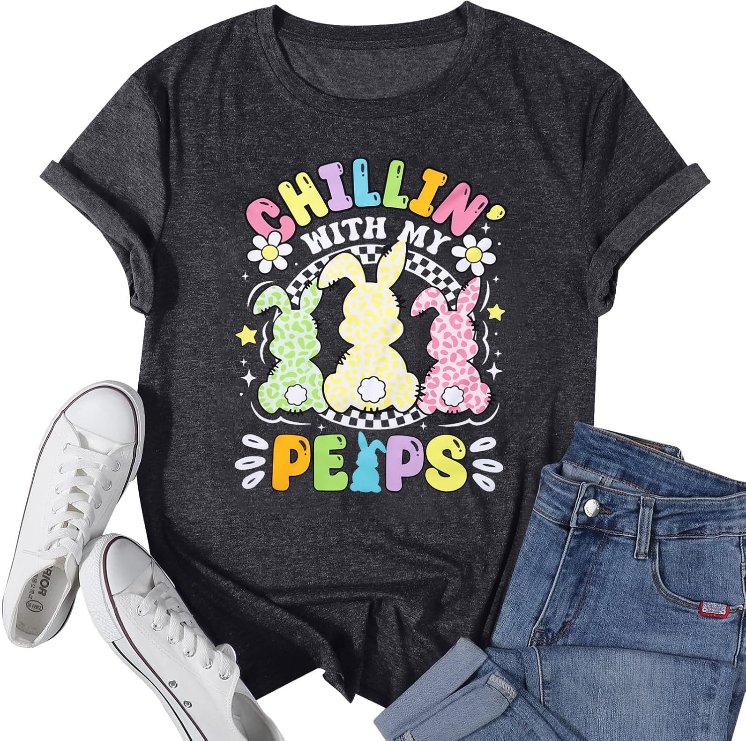 Funny Easter Shirt Women Chillin’ with My Peeps T-Shirt Happy Bunny Tee Rabbit Graphic Tee Top