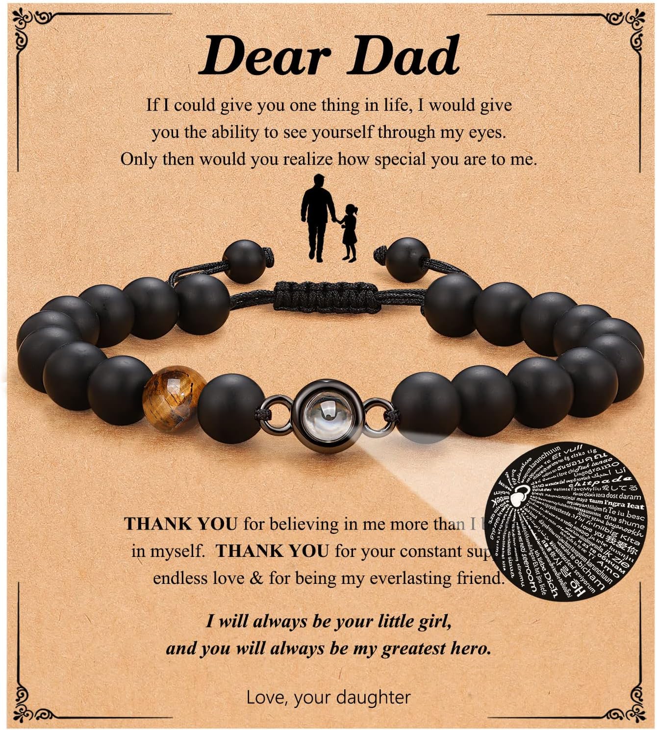 Gifts for Husband, Son, Grandson, Nephew, Dad, Boyfriend, New Dad, Brother, Stepdad, Uncle, I Love You in 100 Languages Adjustable Bracelet for Men Teen Boys
