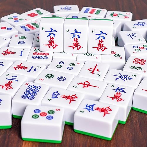 Miniatura 6 de ZGME Juego de mahjong chino, juego de Mah-Jongg, Mah Jongg tradicional completo con 146 azulejos numerados grandes (1.5 pulgadas, verde), estuche de