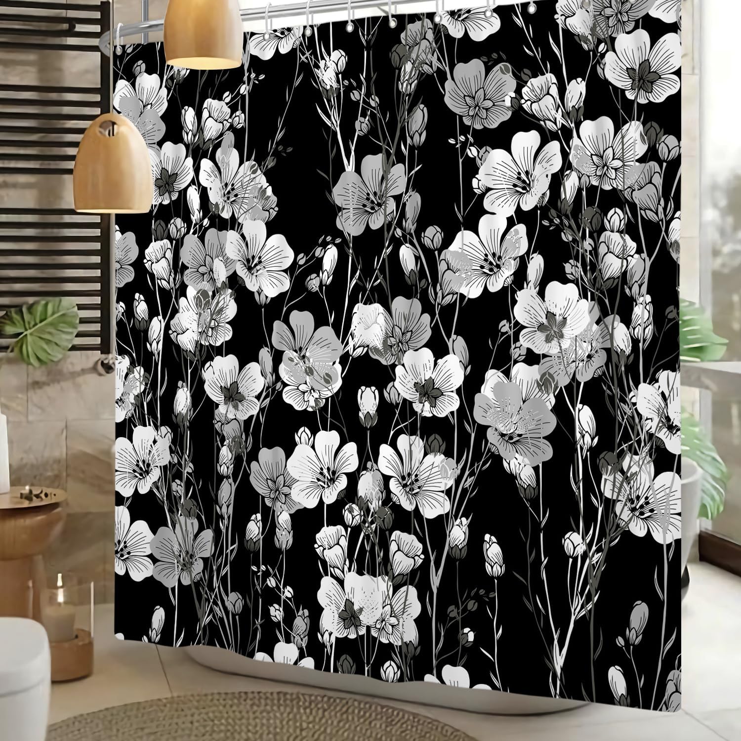 Black White Flowers Shower Curtain Vintage Plant Abstract Watercolor Floral Bath Curtain Boho Dark Botanical Flowers Bathroom Polyester Fabric Curtains with Hooks 72x78 inch
