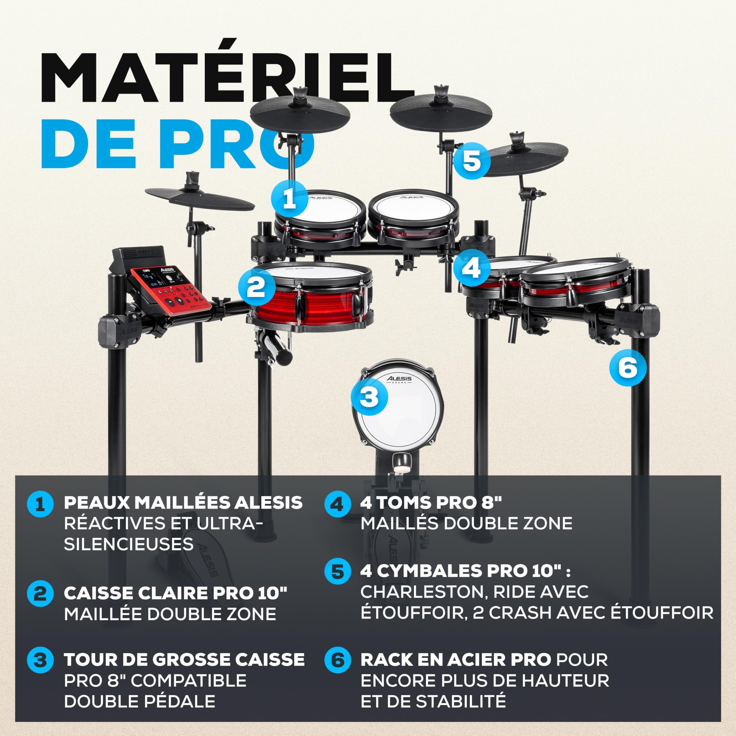 Alesis Nitro Pro XL Batterie Électronique de 10 Pièces avec Pads Double Zone Silencieux, Plus de 500 Sons BFD, Bluetooth, Drumeo, MIDI USB