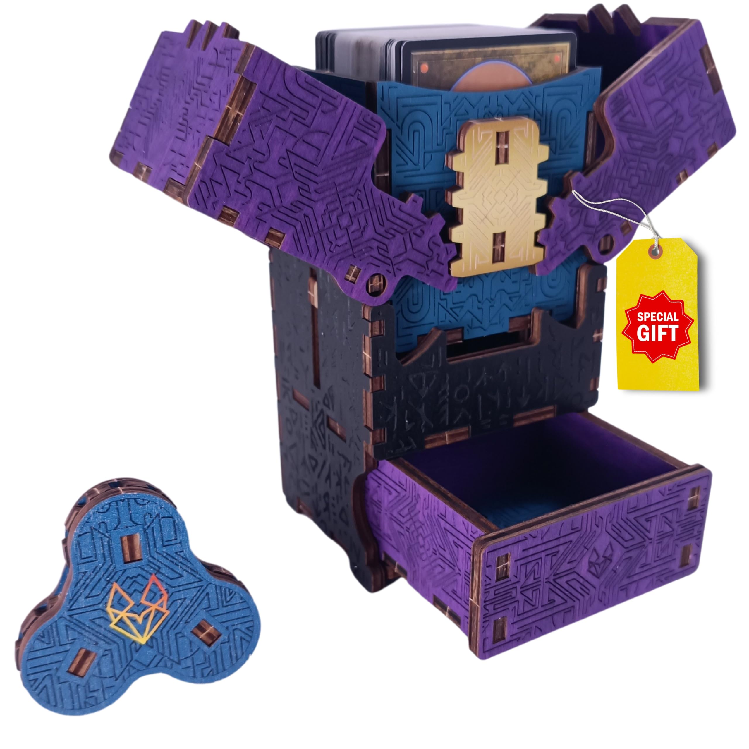 FOXBITE Card Deck Case for Trading Cards, Wood Puzzle Commander Storage Box Magic Card Protectors Fit for YuGiOh, MTG and dnd Cards Life Tracker