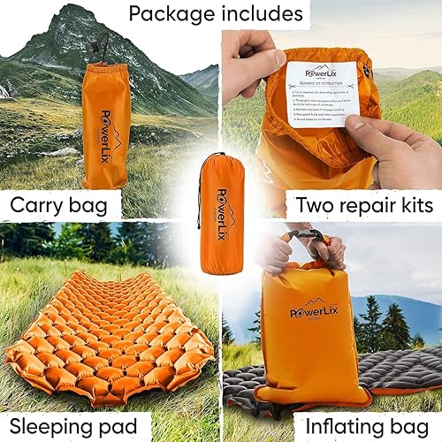 Vista 7 de Powerlix - Colchoneta inflable ultraligera y compacta con bolsa de inflado, bolsa de transporte y kit de reparación, ideal para acampar, mochilero