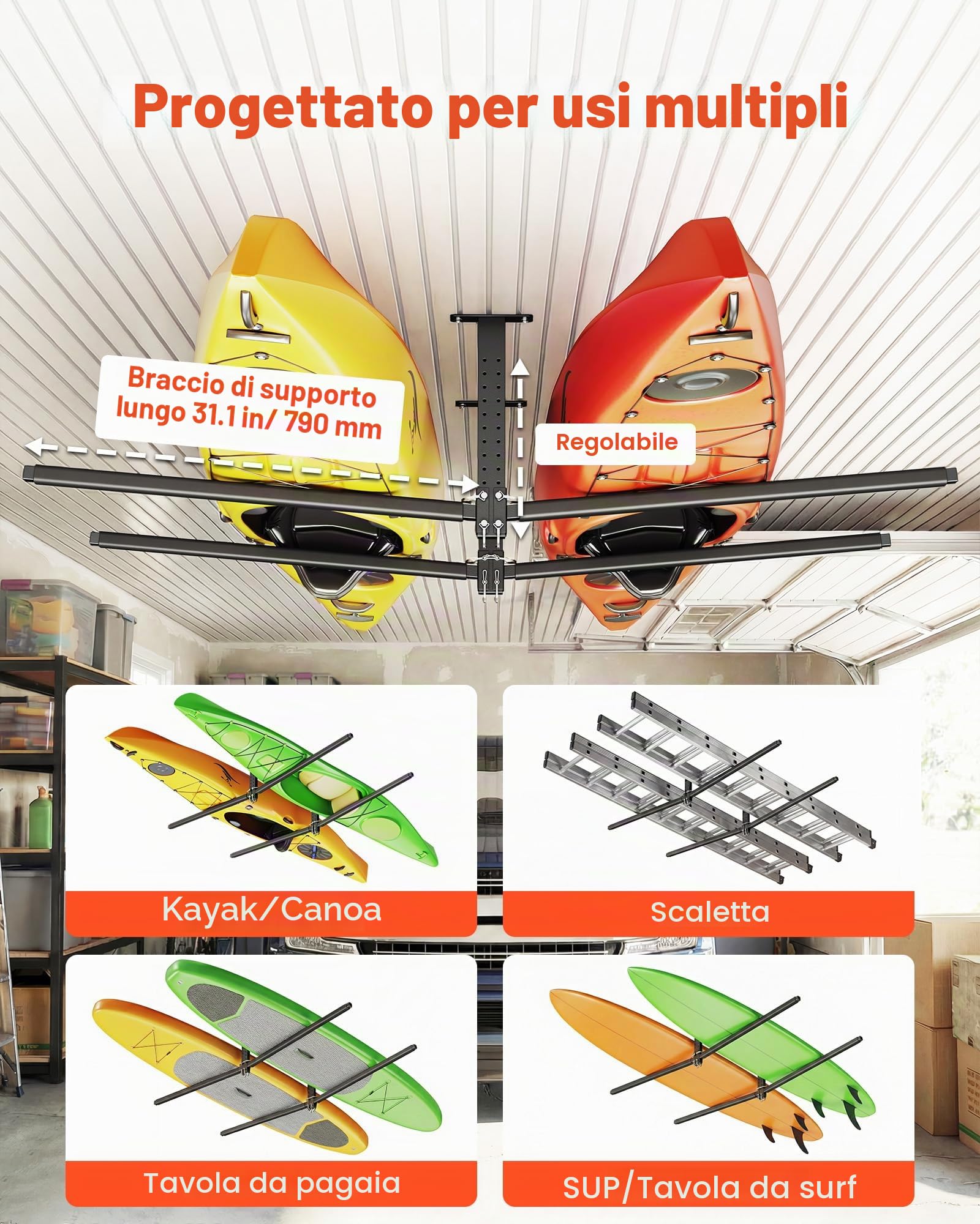 VEVOR Supporto da Soffitto per Kayak 2 pezzi, Supporto Barra Regolabile per Kayak Salvaspazio per Deposito Canoa SUP Tavola da SUP Paddleboard, Barra da Soffitto per Garage Carico max. 113,4 kg