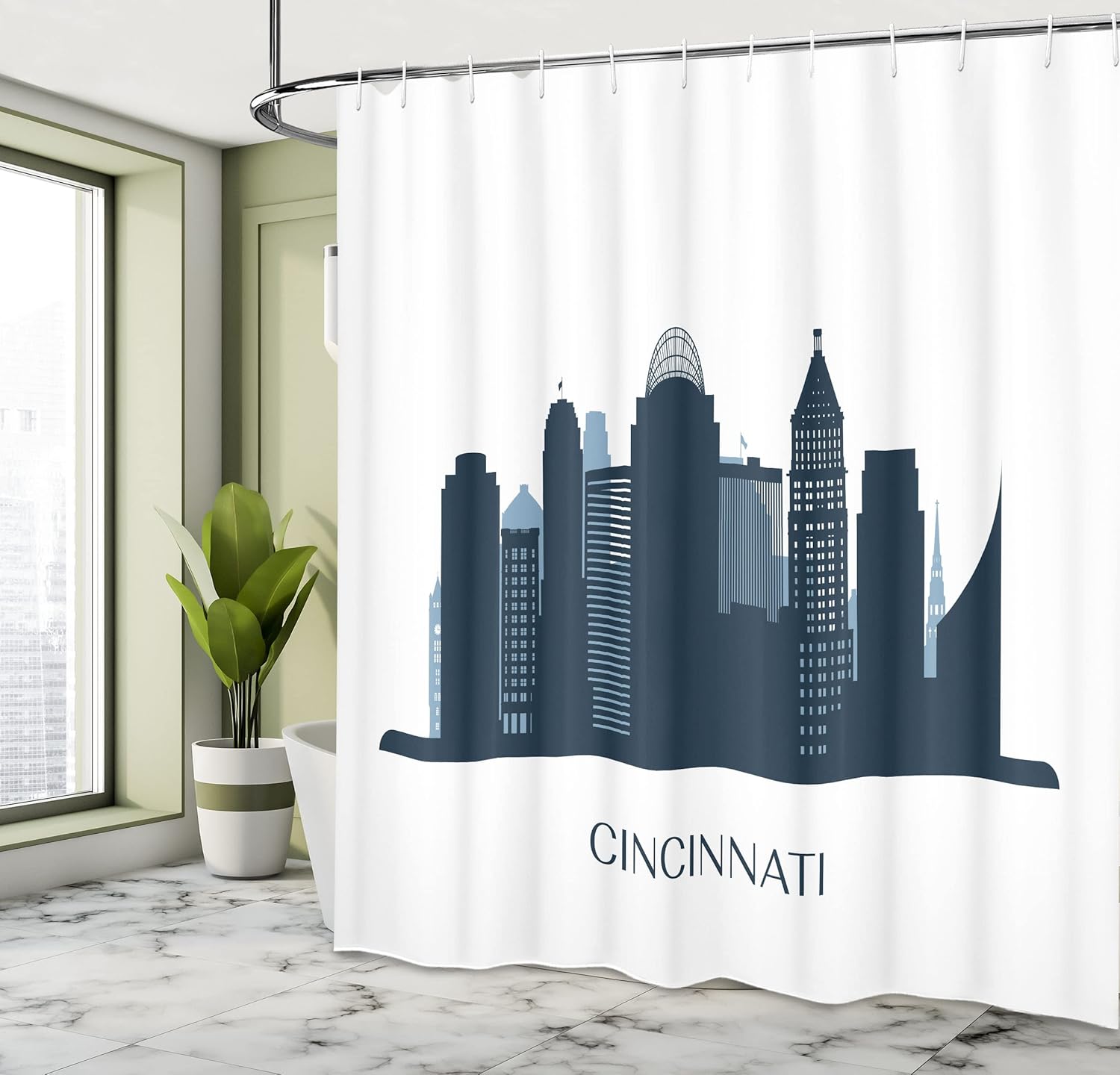 Ambesonne Cincinnati Shower Curtain, Monochrome Silhouette of Structures Tall Shorter Scenery, Cloth Fabric Bathroom Decor Set with Hooks, 69" W x 70" L, Violet Blue Slate Blue