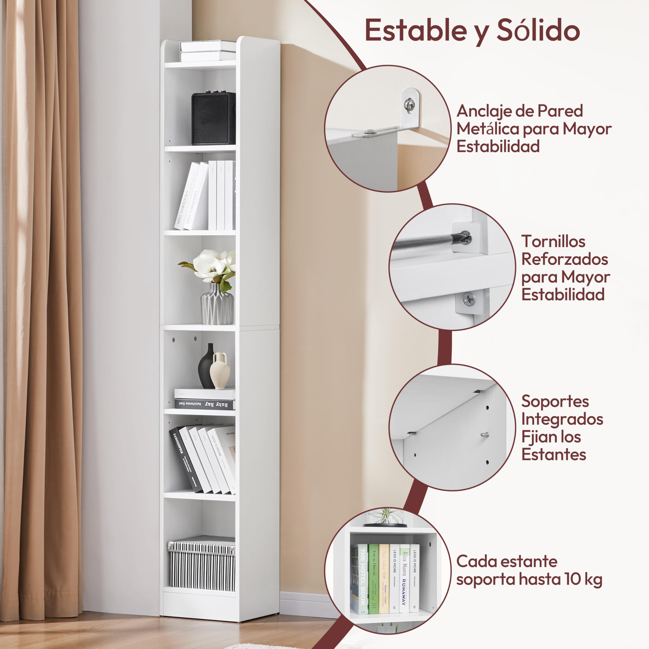 Yaheetech 7 Niveles Estantería de Madera para Libros, 30x24x183 cm, Librería con Estantes Ajustables para Salón, Dormitorio y Oficina, Blanco