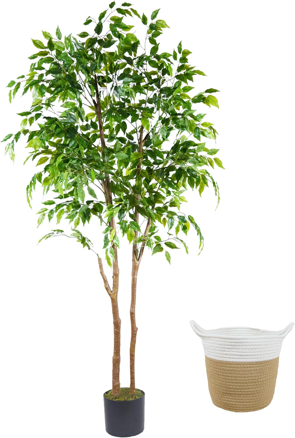 Artificial Ficus Tree, 6ft Tall Fake Ficus Tree with Basket, Faux Plant for Indoor Outdoor Home Livingroom Office Garden Porch Dcor