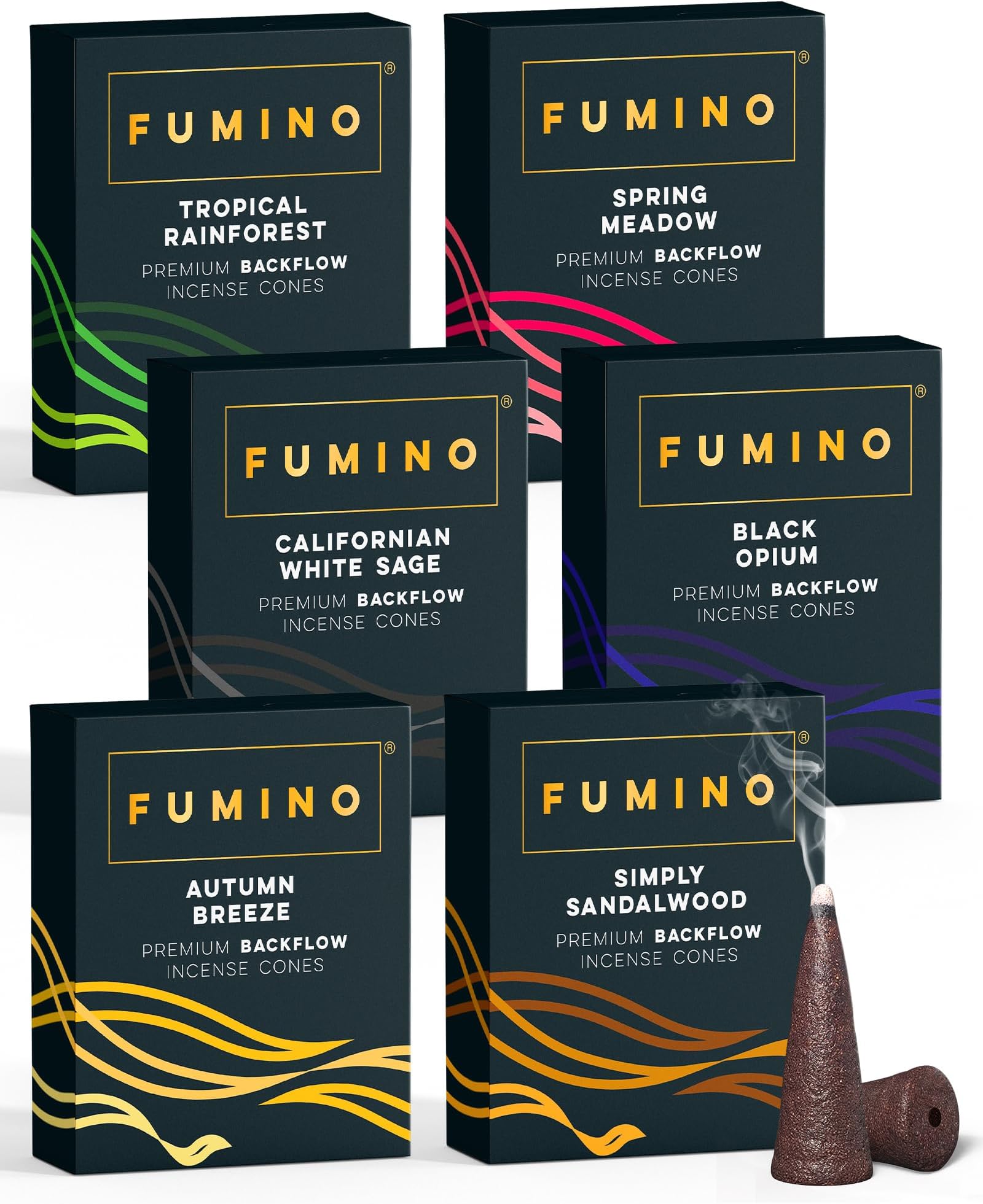 Fumino Fresh Backflow Incense Cones Multipack Essentials Bundle 6 Boxes 90 Cones Masala Agarbatti Joss Scent Fragrance for Relaxation and Meditation, Home and House Decor
