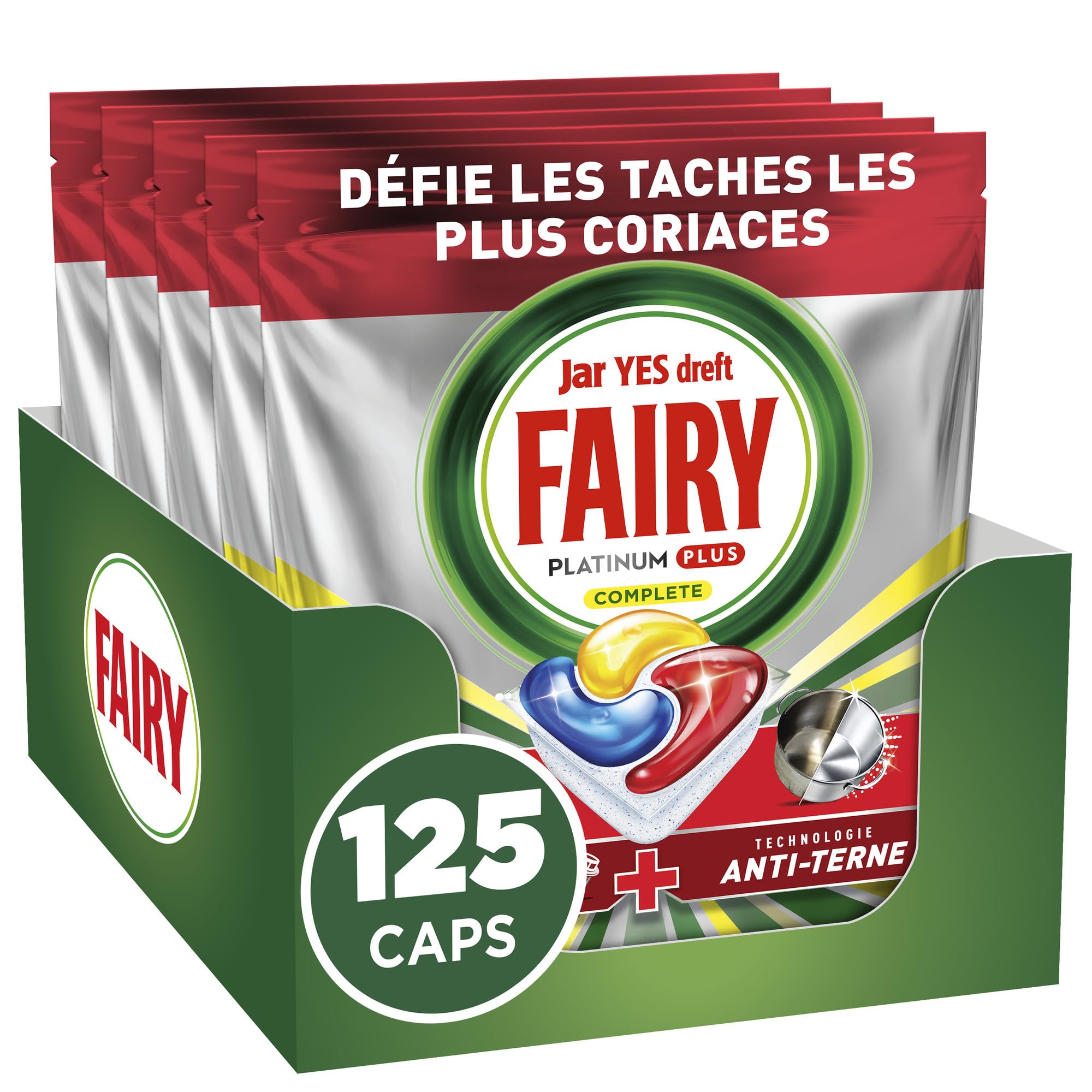 Fairy Platinum Plus Tablettes Lave-Vaisselle, Format Familial 125 doses 25x5, Parfum Citron, Technologie Anti-Terne, Redonne de l'Éclat, Prévient le Calcaire, Prélavage Intégré, Efficacité Cycle Court