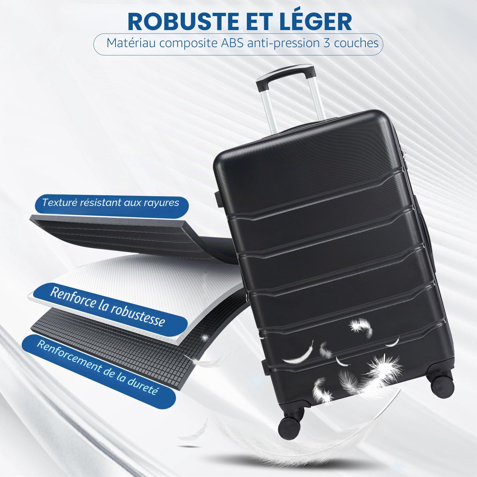 NEWBULIG Lot de 3 valises de Voyage, Extensibles et légères avec Roues rotatives, Serrure TSA, poignée télescopique et matériau ABS Durable, 50,8 cm, Noir, Noir, Tendance