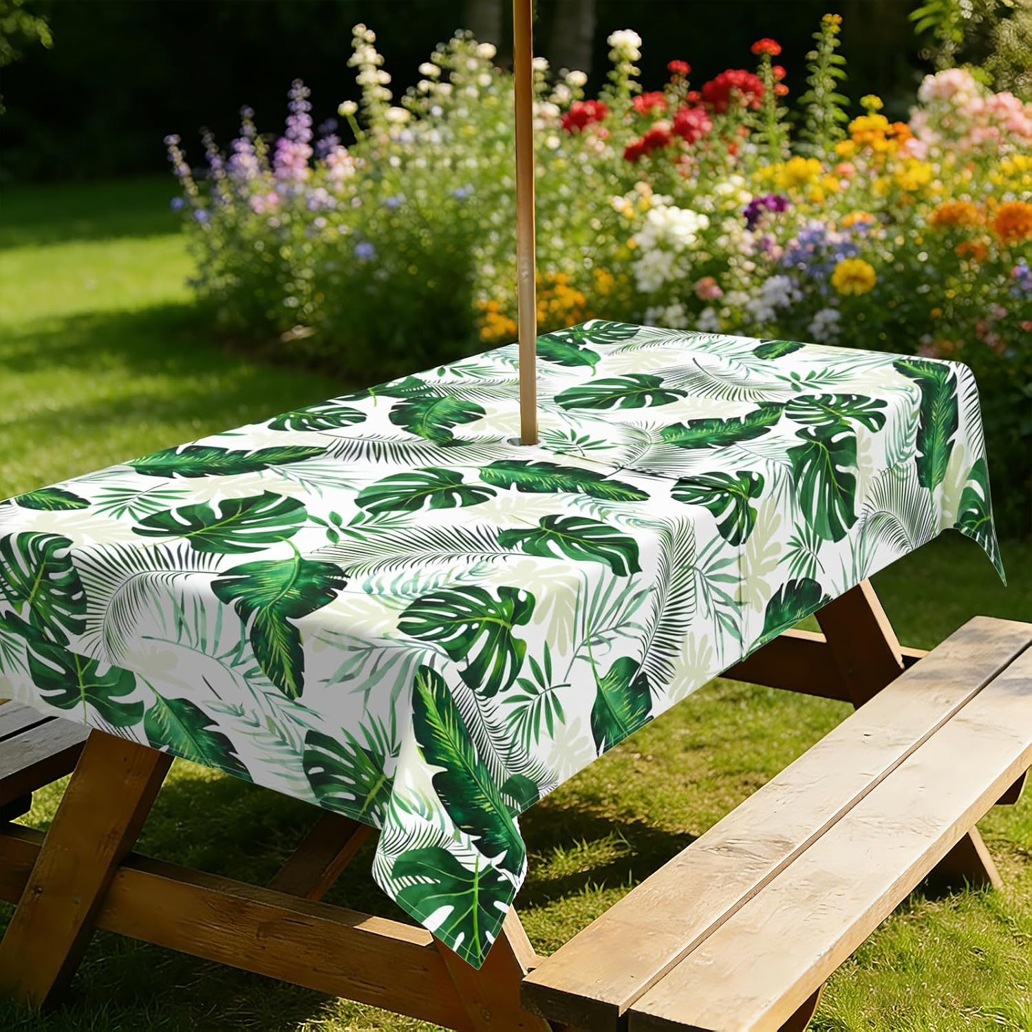 Outdoor Tablecloth with Umbrella Hole Elegant Zipper Patio Table Cloth for Outdoor Patio Garden Yard Decor image 2