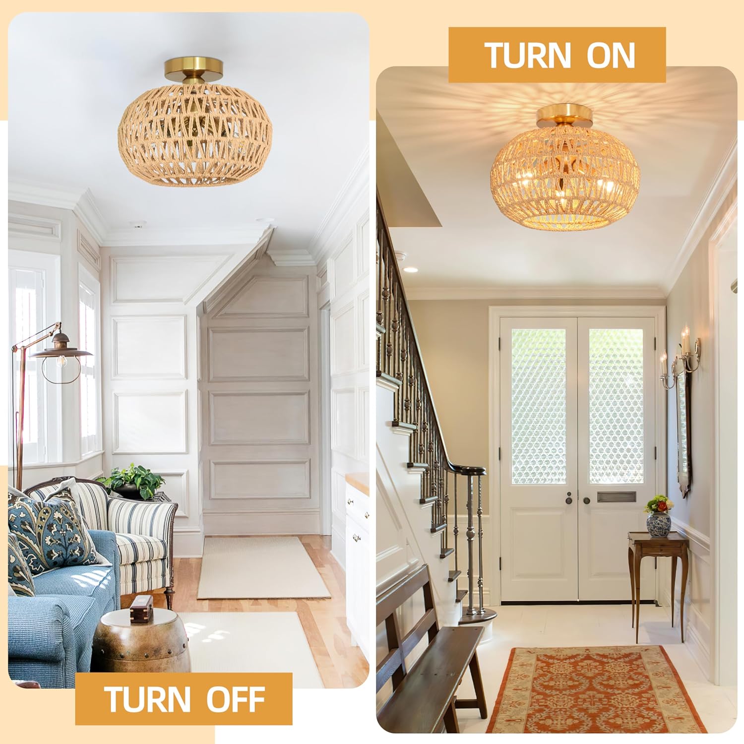 11.8" Rattan Light Fixture 3-Lights Boho Semi Flush Mount Ceiling Light Rattan Close to Ceiling Light Farmhouse Light Fixtures Ceiling with Handwoven Shade for Farmhouse Foyer