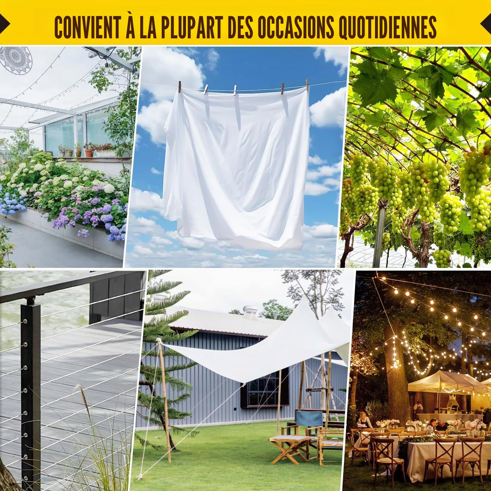 Kit de câble métallique en acier inoxydable 304, 50m 2 mm recouvert de PVC avec tendeurs M4, fil de jardin pour plantes grimpantes, clôtures, suspension de luminaires et projets de bricolage