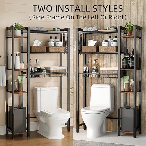 Miniatura 5 de Almacenamiento sobre el inodoro con estante lateral, organizador de baño de 7 niveles con estante ajustable y cesta de drenaje y 4 ganchos, ahorro