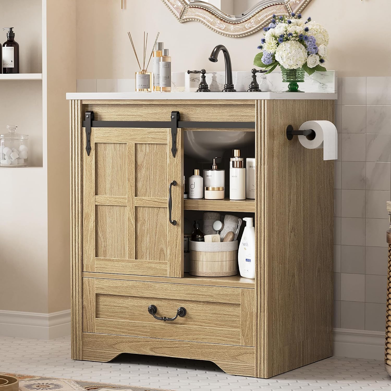 IRONCK Bathroom Vanity with Sink, 30 Inch Bathroom Sink Cabinet with Drawers & Metal Handles, Engineered Marble Top & Ceramic Sink, Soft Close Drawer & Open Shelves, Easy Assembly, Farmhouse