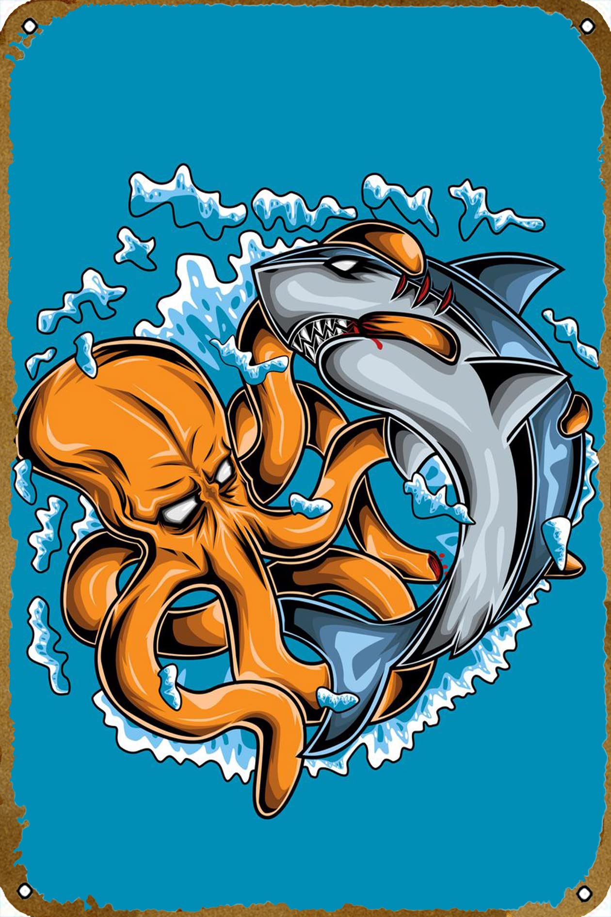 Octopus Vs Shark poster Retro tin Sign Wall Art Decor Metal Sign Decoration Sign 8x12 inch