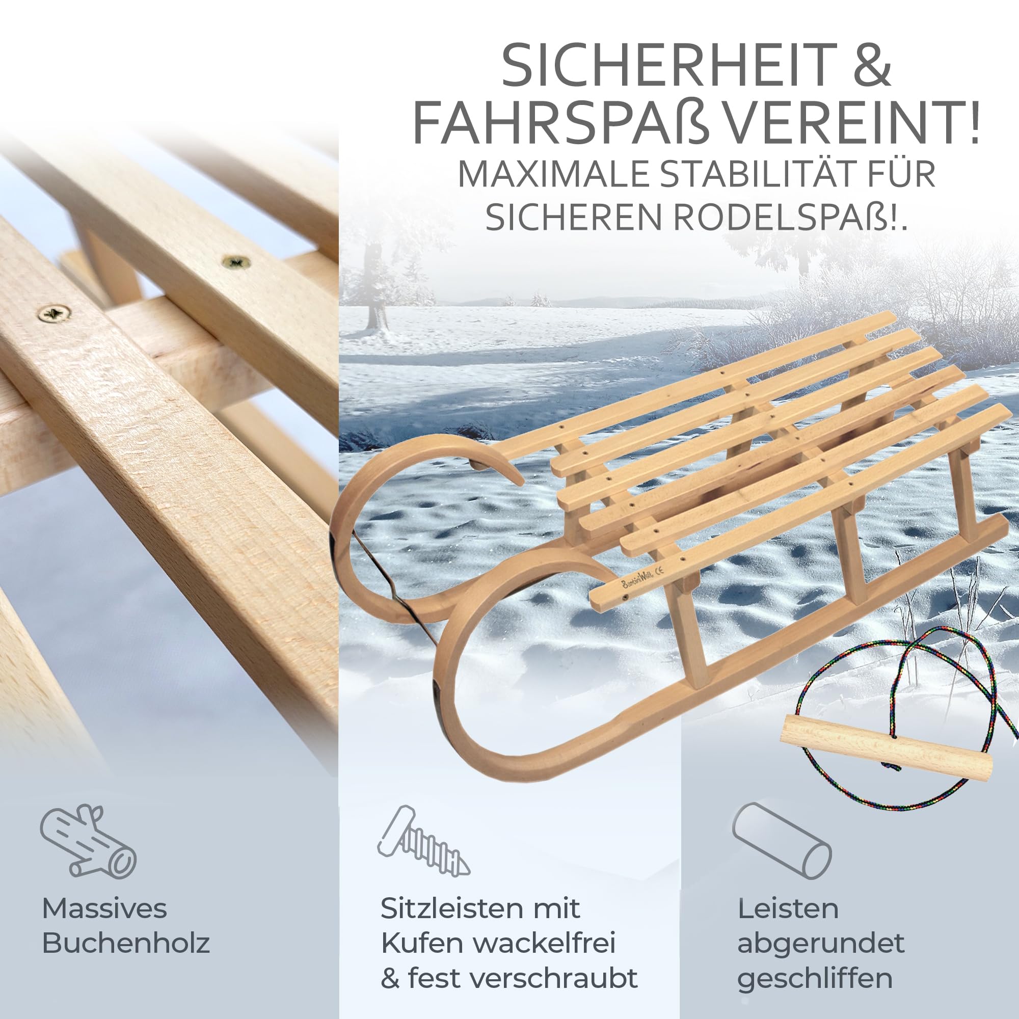 Hörnerrodel 120 cm für 2 Personen - Holzschlitten - massivem Buchenholz - Hörnerschlitten Rodelschlitten mit Zugseil & Holzgriff - Schneeschlitten robust Leichtlauf-Stahlkufen