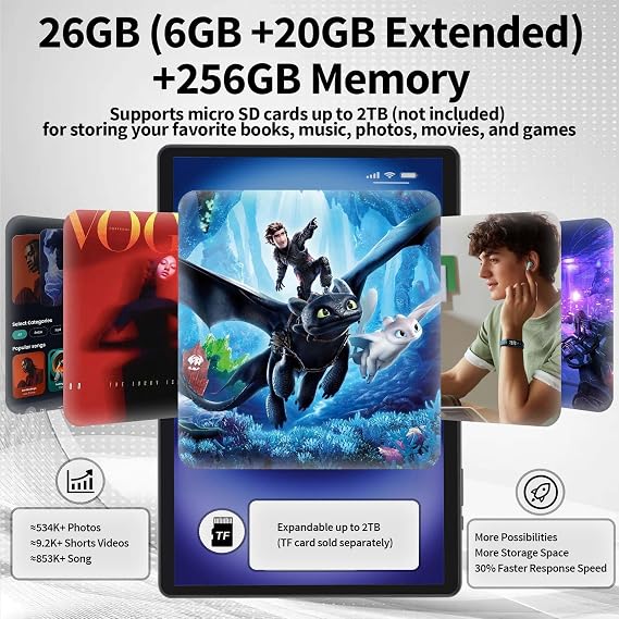 Android 15 Tablet with Keyboard, 10 inch Tablet with 26GB+256GB+2TB Expand