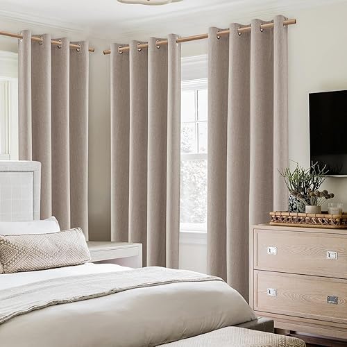 Miniatura 6 de HOMEIDEAS Cortinas 100% opacas beige de 84 pulgadas de largo, mezcla de lino con textura de oscurecimiento de ventanas con aislamiento térmico